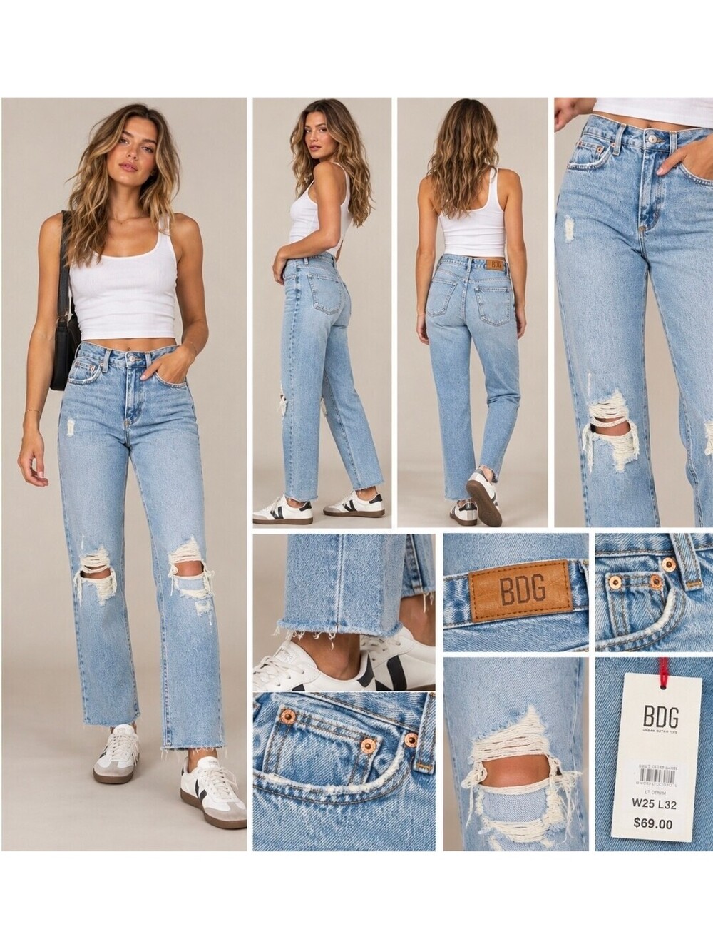 NWT BDG Urban Outfitters Womens Pax Jeans 25 High Rise Distressed Ripped Raw Hem
